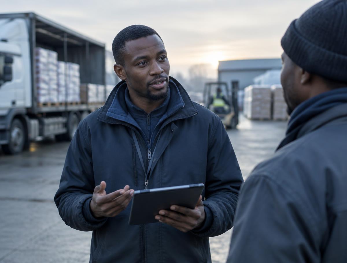A field operations coordinator with a tablet briefs a colleague in a logistics yard.