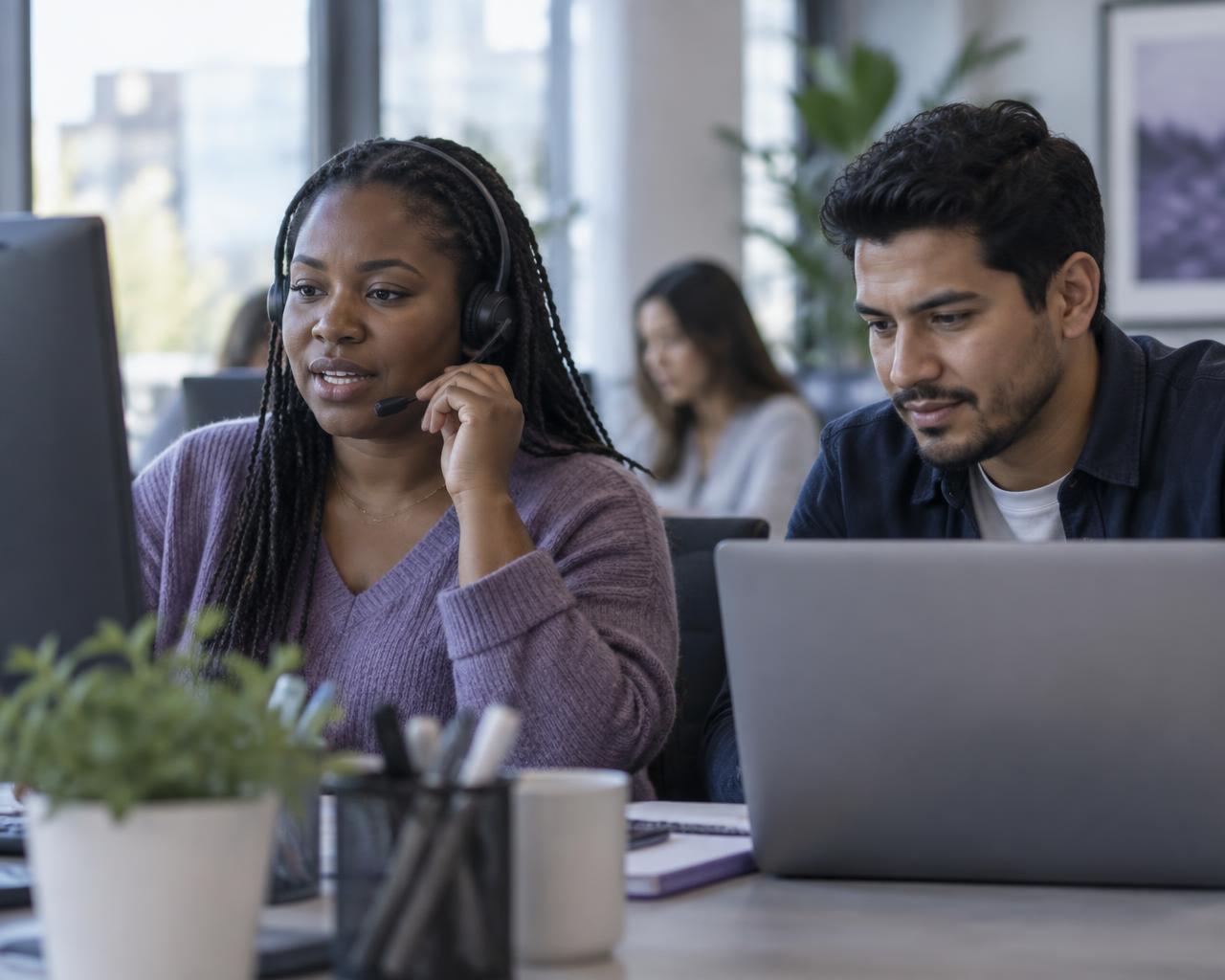 A customer-service lead on a headset speaks with a customer while a colleague reviews the workflow on a laptop.