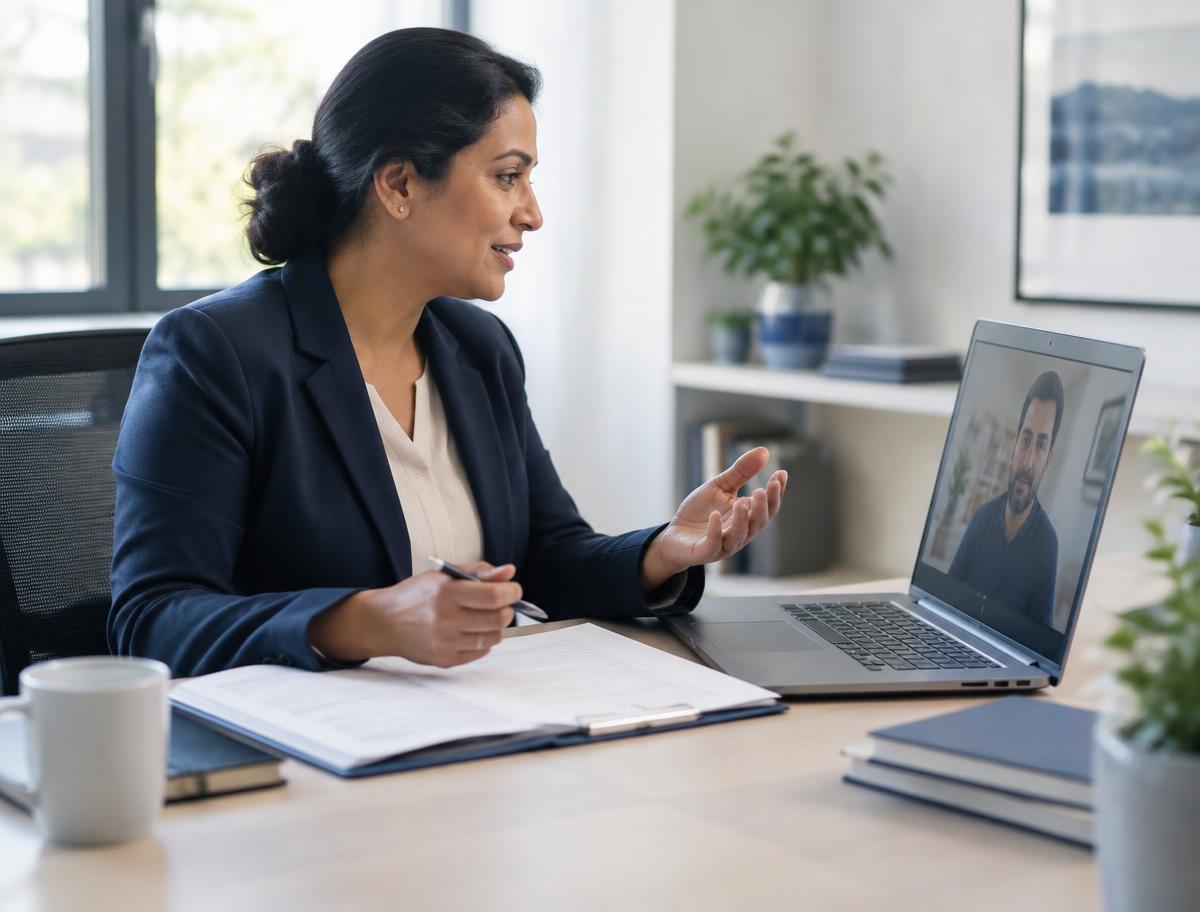 An insurance professional reviews a policy with a client over a video call.